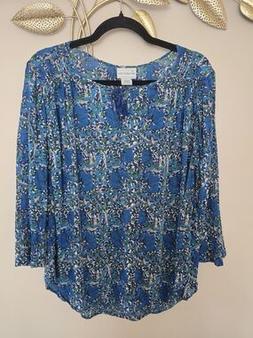 Liz Claiborne Blue Floral Peasant Top Size L Rayon